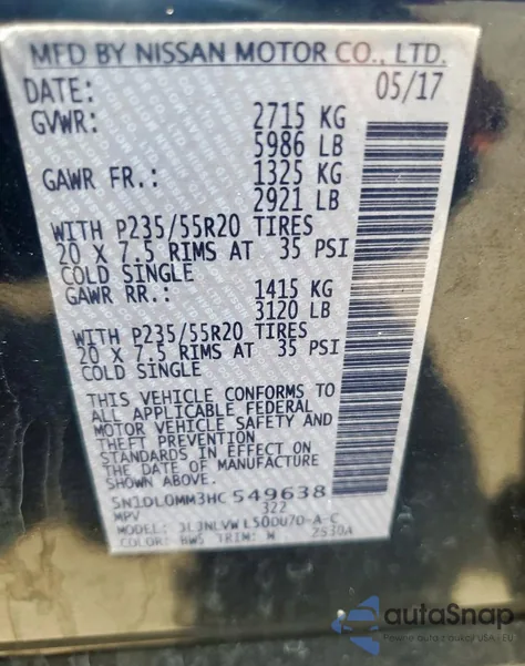 2017 Infiniti Qx60 из США, поврежденный, VIN 5N1DL0MM3HC549638